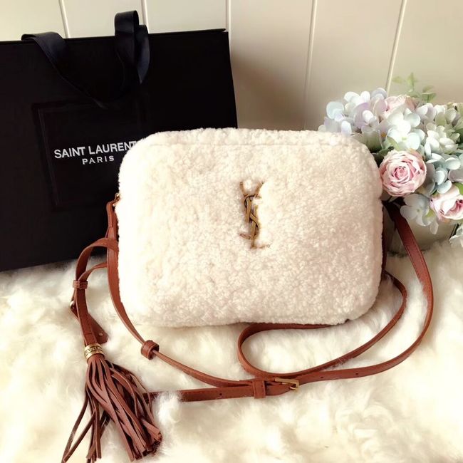 SAINT LAURENT Lambswool leather quilted shoulder bag Y538033 white