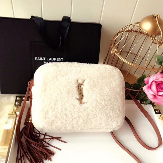 SAINT LAURENT Lambswool leather quilted shoulder bag Y538033 white