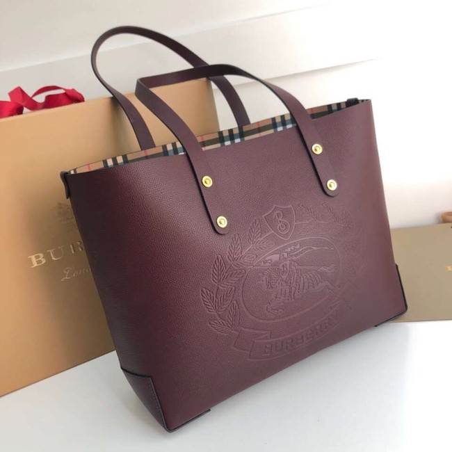 BURBERRY Embossed crest leather tote 13134 Burgendy