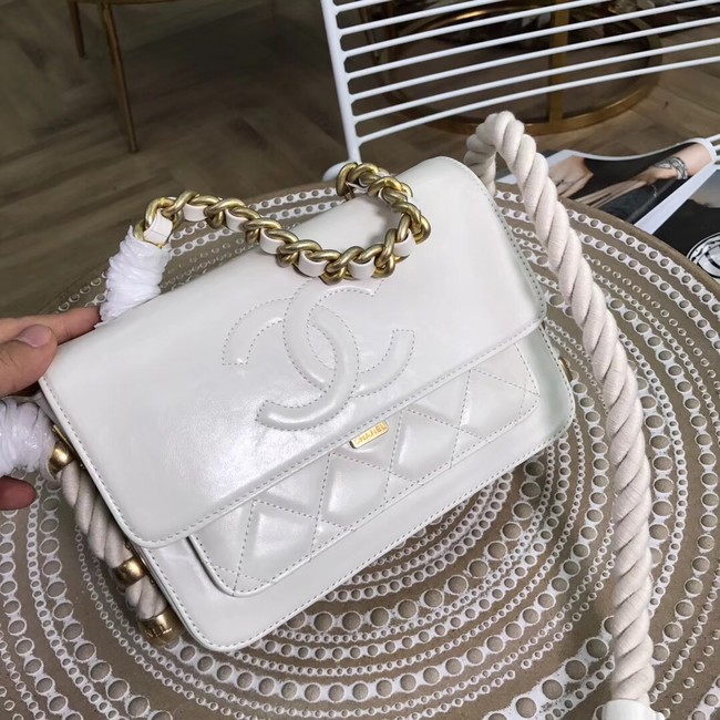 Chanel flap bag Crumpled Calfskin Cotton & Gold-Tone Metal AS0074 white