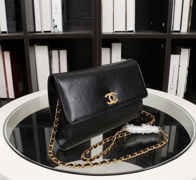 New Cheap Chanel A32258 Black Grain Leather Flap Bag gold