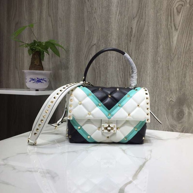 VALENTINO Candy Rockstud quilted leather shoulder bag 6019 black&white&blue