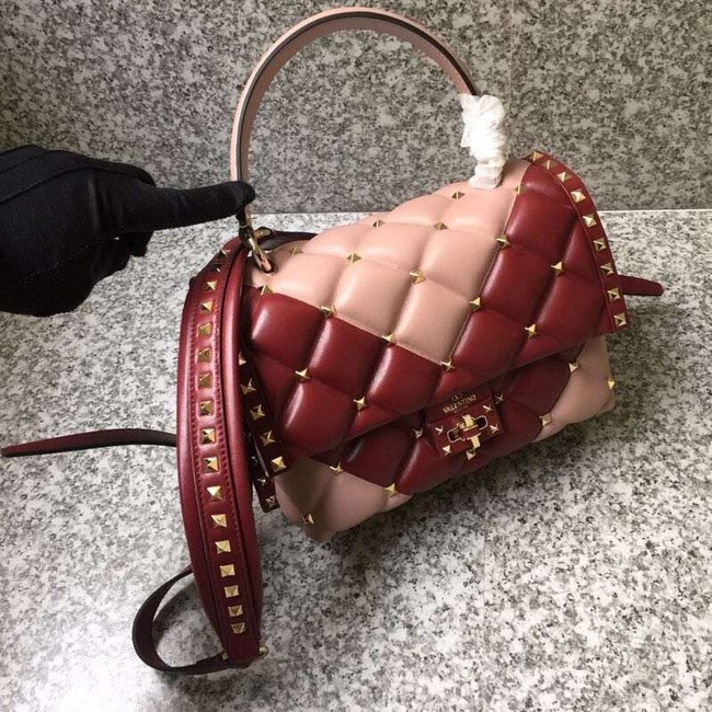 VALENTINO Candy Rockstud quilted leather shoulder bag 6019 pink&red