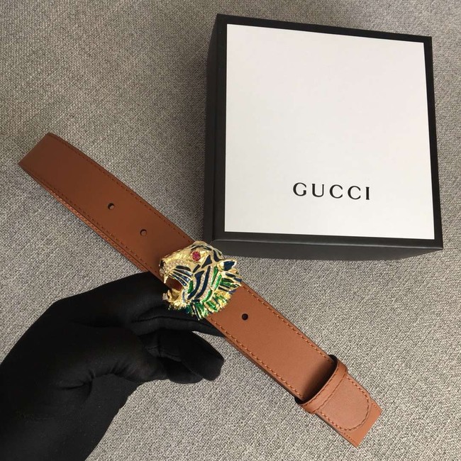 Gucci Leather belt with tiger head 543152 brown