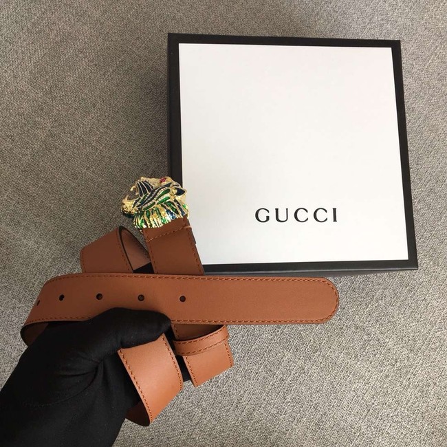 Gucci Leather belt with tiger head 543152 brown