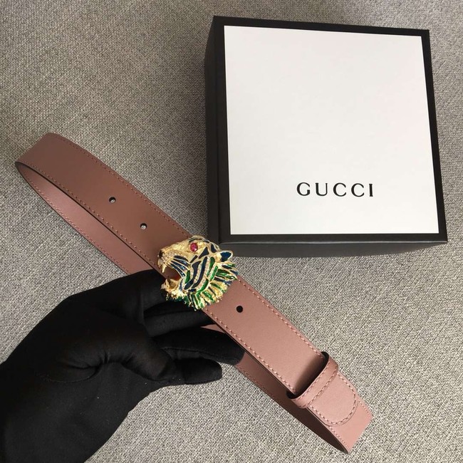 Gucci Leather belt with tiger head 543152 pink