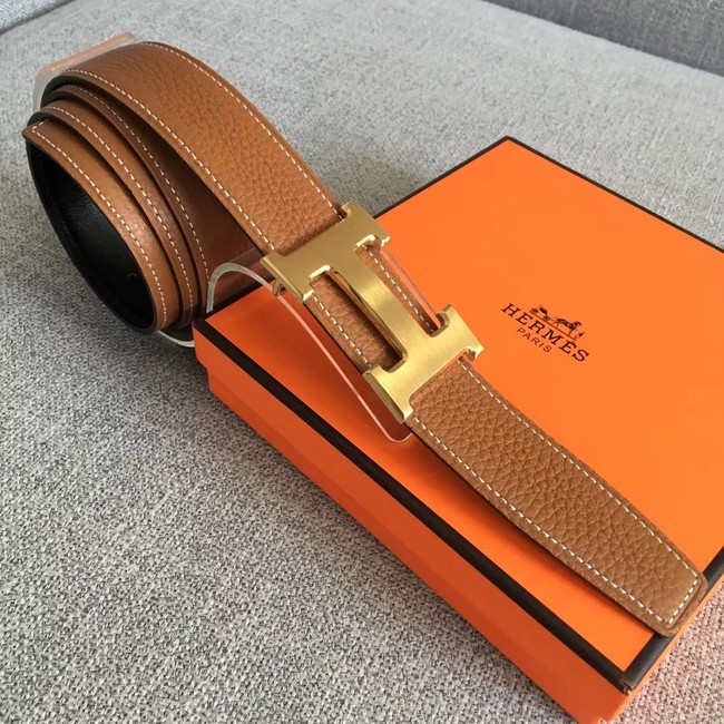 Hermes original togo 2 belt buckle & Reversible leather strap 32 mm H06454 brown  gold plated metal 