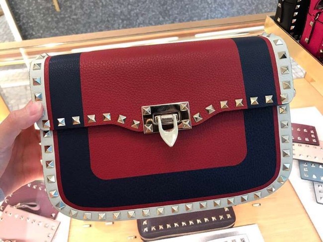 VALENTINO Rockstud grained leather messenger 0937B Black&red&white