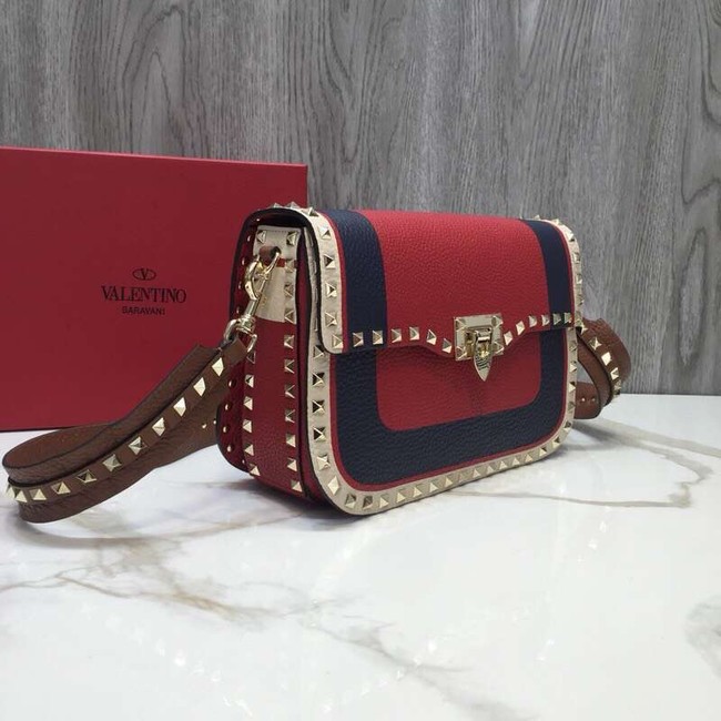 VALENTINO Rockstud grained leather messenger 0937B Black&red&white