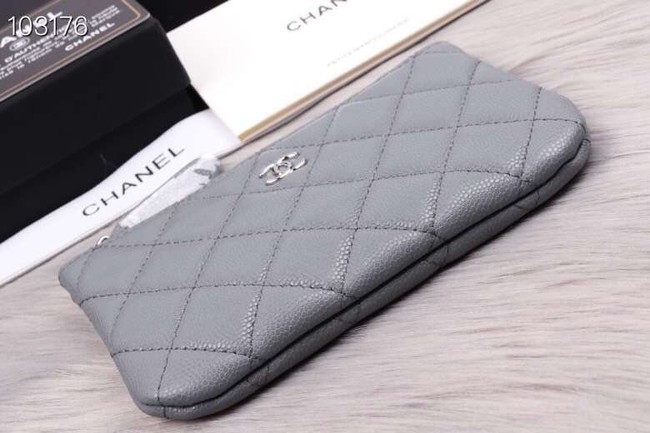 Chanel classic small pouch Grained Calfskin& silver-Tone Metal A82365 grey