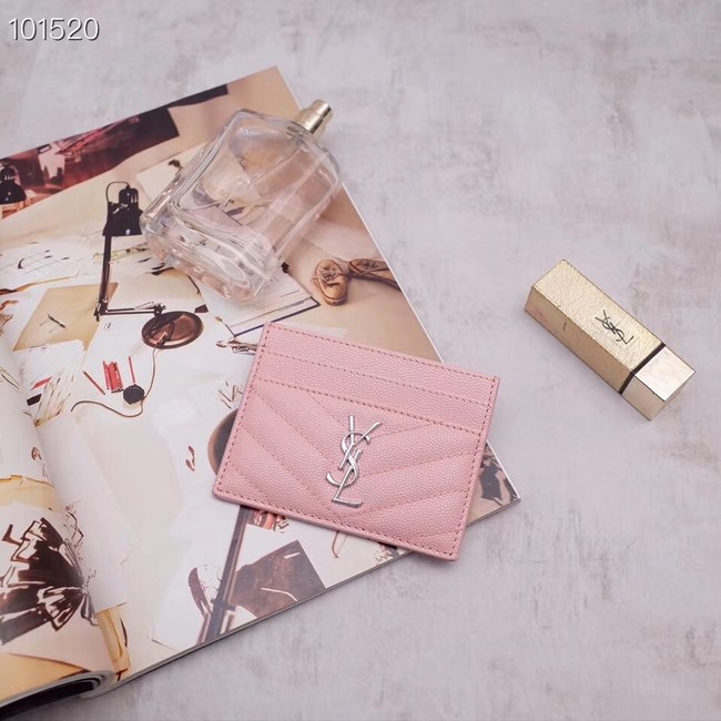 SAINT LAURENT Monogram leather card holder 88337 Rose Ballerine Silver-Tone Metal