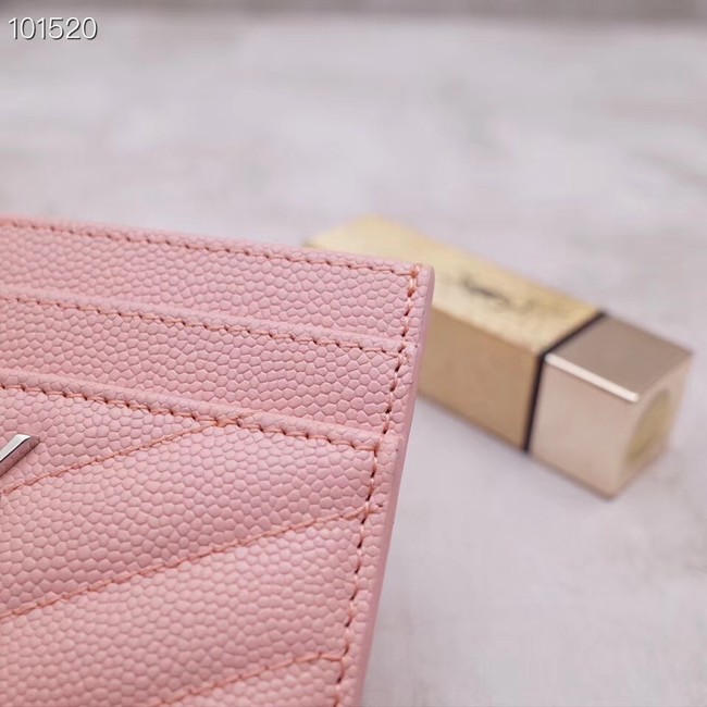 SAINT LAURENT Monogram leather card holder 88337 Rose Ballerine Silver-Tone Metal