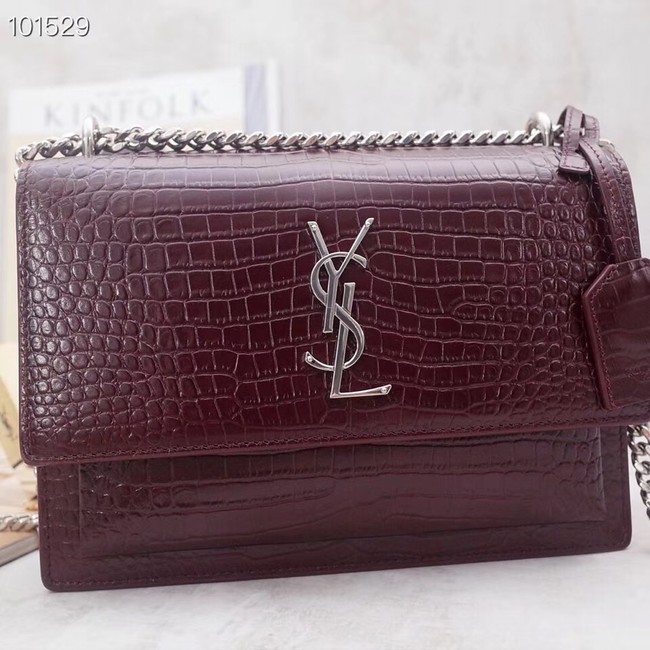 SAINT LAURENT Sunset croc-embossed leather shoulder bag 442906 Burgundy