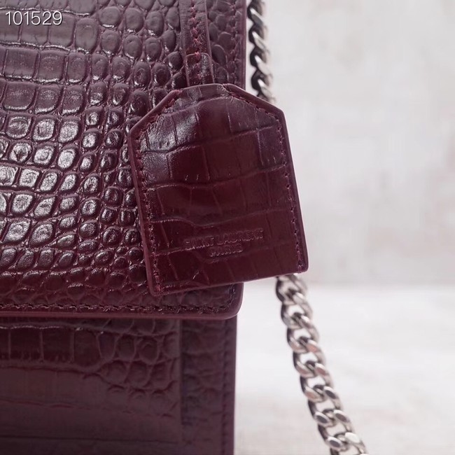 SAINT LAURENT Sunset croc-embossed leather shoulder bag 442906 Burgundy