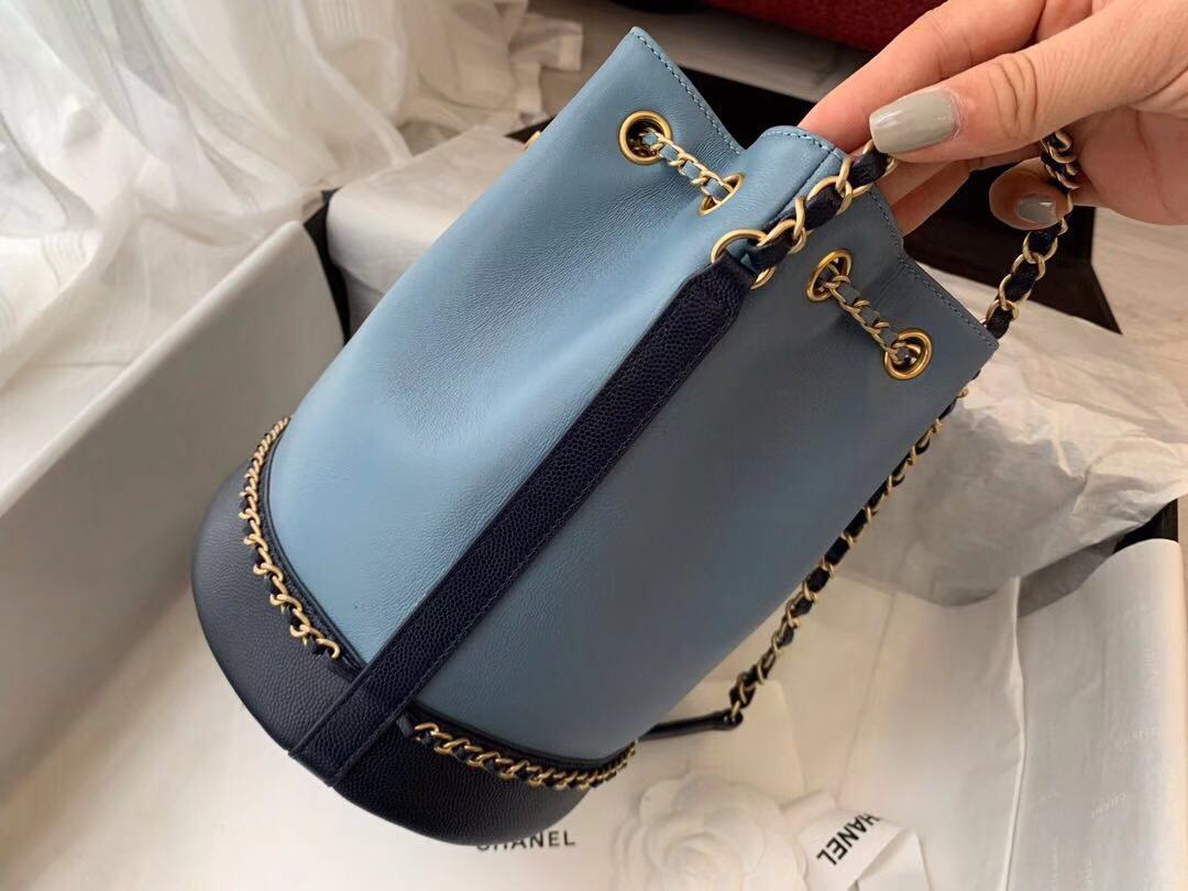 Chanel drawstring bag Calfskin & Gold-Tone Metal AS0373 blue