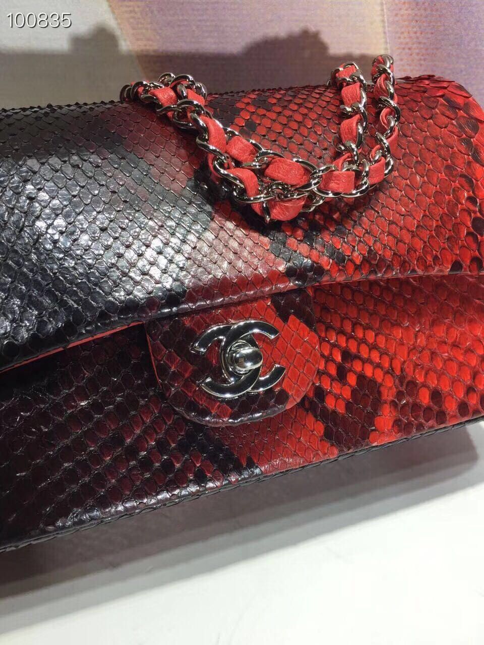 Chanel Classic Handbag Python Leather A01112 Black&Red