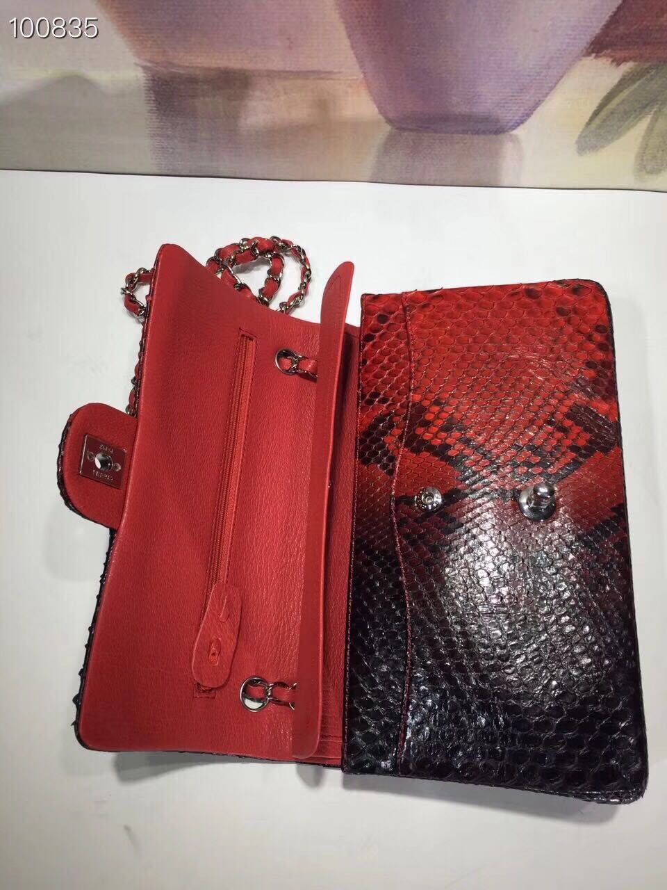 Chanel Classic Handbag Python Leather A01112 Black&Red