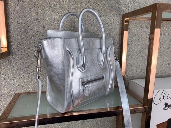 CELINE NANO LUGGAGE BAG IN LAMINATED LAMBSKIN 189243 SILVER