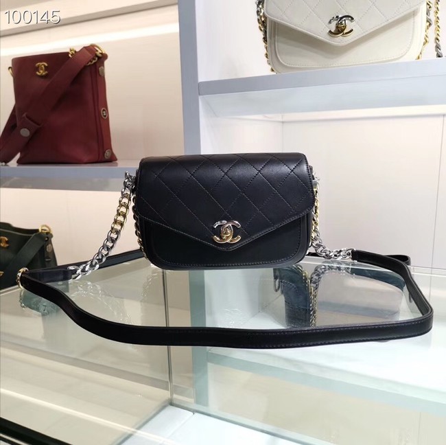 Chanel Calfskin & gold silver-Tone Metal AS0413 black