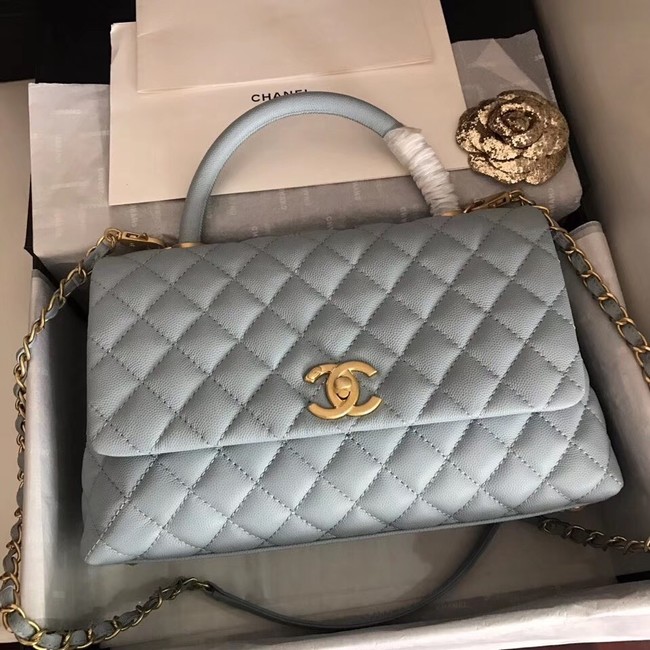 Chanel original Caviar leather flap bag top handle A92292 light blue&Gold-Tone Metal