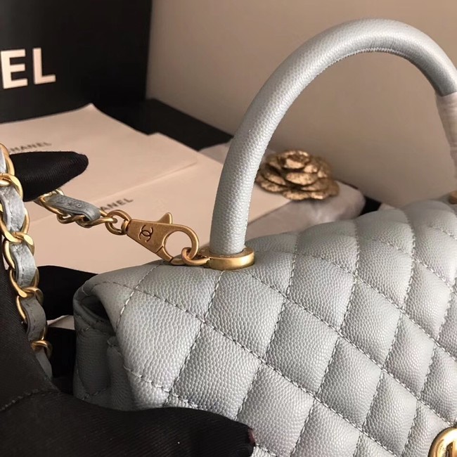 Chanel original Caviar leather flap bag top handle A92292 light blue&Gold-Tone Metal