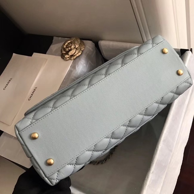 Chanel original Caviar leather flap bag top handle A92292 light blue&Gold-Tone Metal