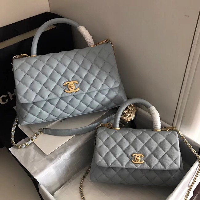 Chanel original Caviar leather flap bag top handle A92290 light blue&Gold-Tone Metal