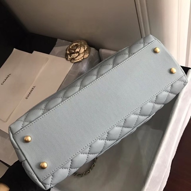 Chanel original Caviar leather flap bag top handle B92292 light blue&Gold-Tone Metal