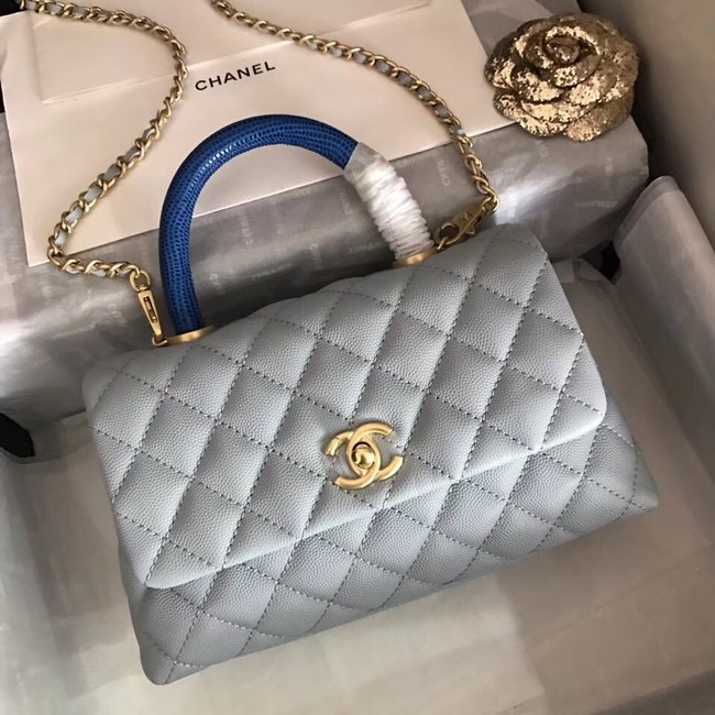 Chanel original Caviar leather flap bag top handle B92292 light blue&Gold-Tone Metal