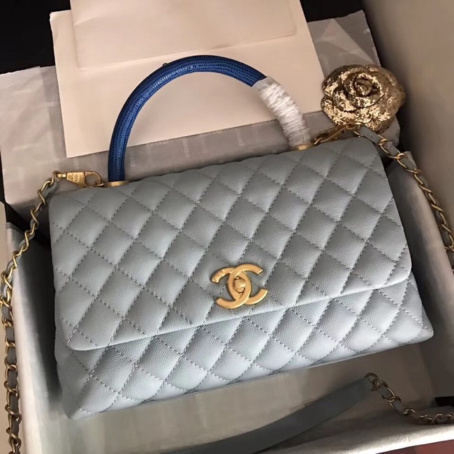 Chanel original Caviar leather flap bag top handle B92292 light blue&Gold-Tone Metal