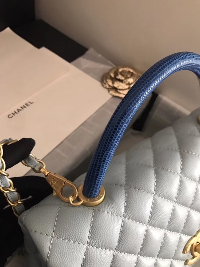 Chanel original Caviar leather flap bag top handle B92292 light blue&Gold-Tone Metal