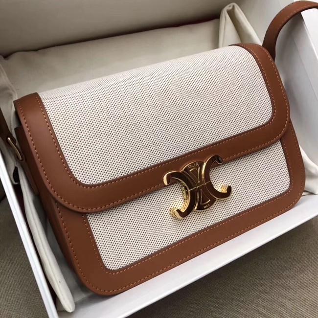 CELINE LARGE TRIOMPHE BAG IN TEXTILE AND NATURAL CALFSKIN 18887 TAN & WHITE