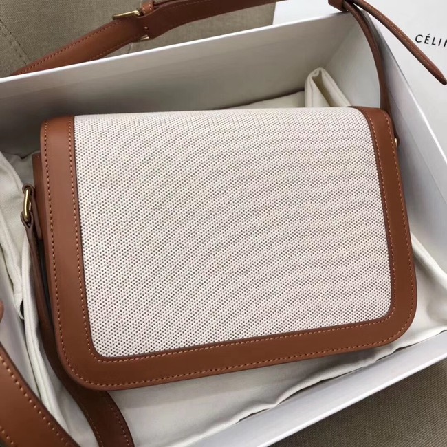 CELINE LARGE TRIOMPHE BAG IN TEXTILE AND NATURAL CALFSKIN 18887 TAN & WHITE