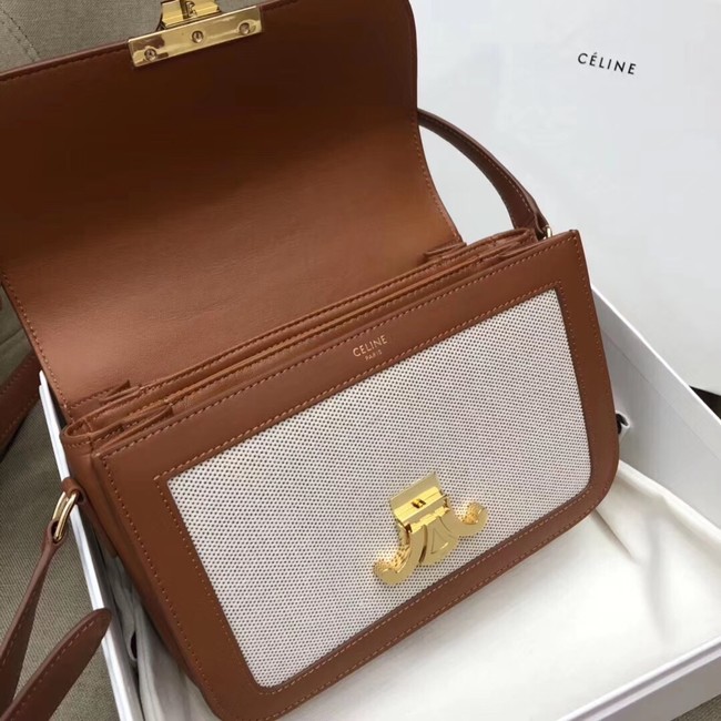 CELINE LARGE TRIOMPHE BAG IN TEXTILE AND NATURAL CALFSKIN 18887 TAN & WHITE