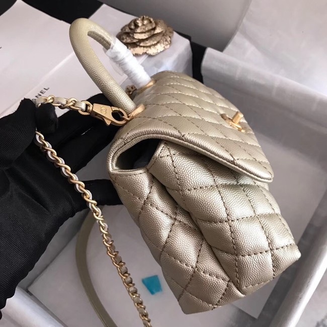 Chanel original Caviar leather flap bag top handle A92290 Light gold&Gold-Tone Metal