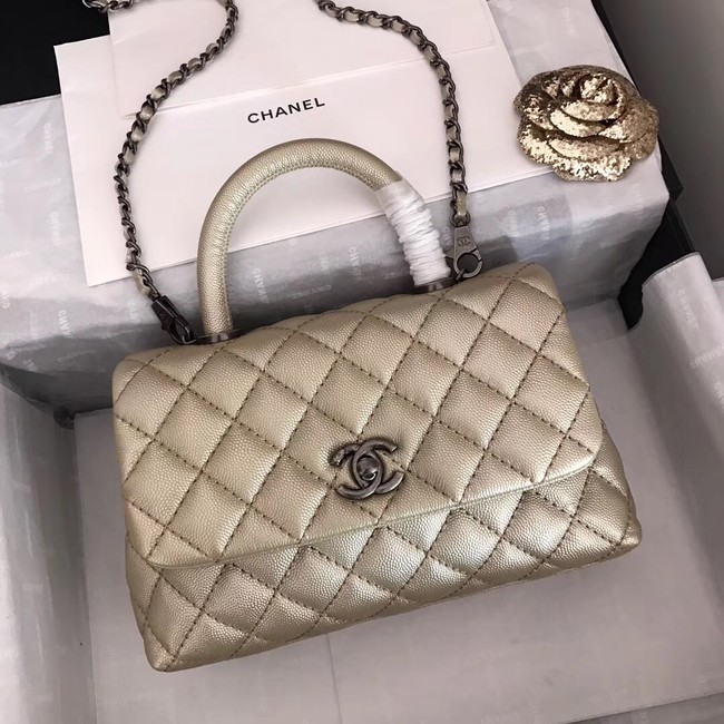 Chanel original Caviar leather flap bag top handle A92290 Light gold&silver-Tone Metal