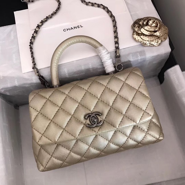 Chanel original Caviar leather flap bag top handle A92290 Light gold&silver-Tone Metal