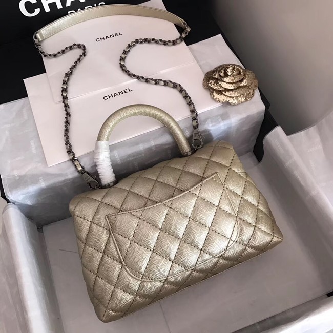 Chanel original Caviar leather flap bag top handle A92290 Light gold&silver-Tone Metal