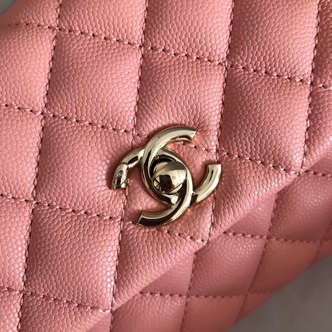 Chanel original Caviar leather flap bag top handle A92290 pink&Gold-Tone Metal