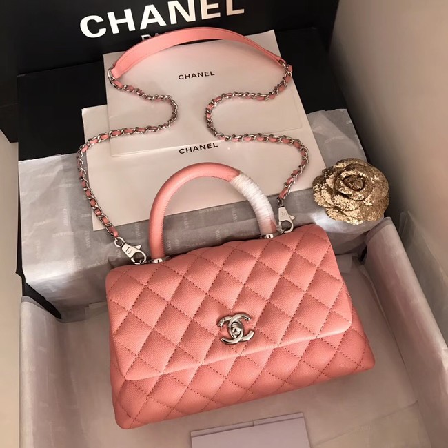 Chanel original Caviar leather flap bag top handle A92290 pink&silver-Tone Metal