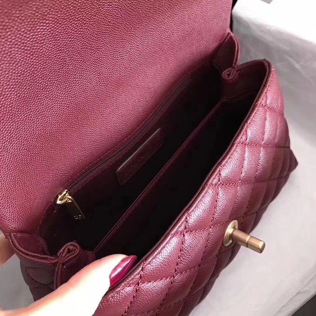 Chanel original Caviar leather flap bag top handle A92290 purple&Gold-Tone Metal