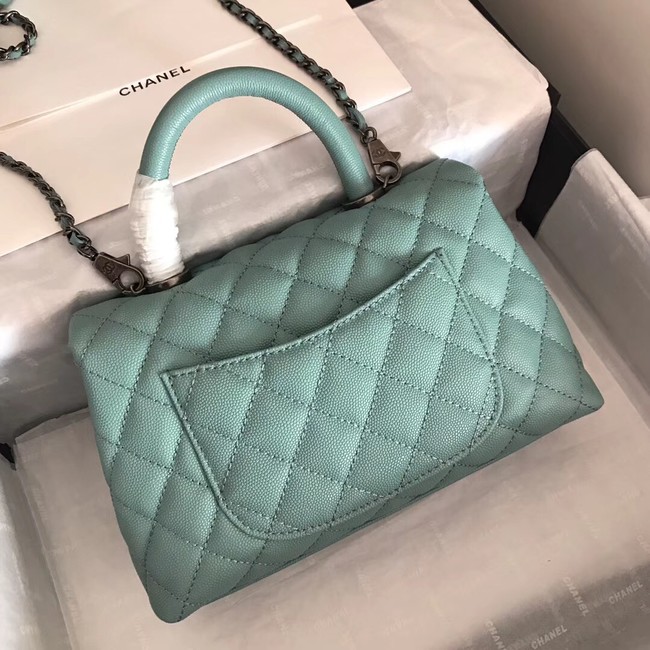 Chanel original Caviar leather flap bag top handle A92290 green &Silver-Tone Metal