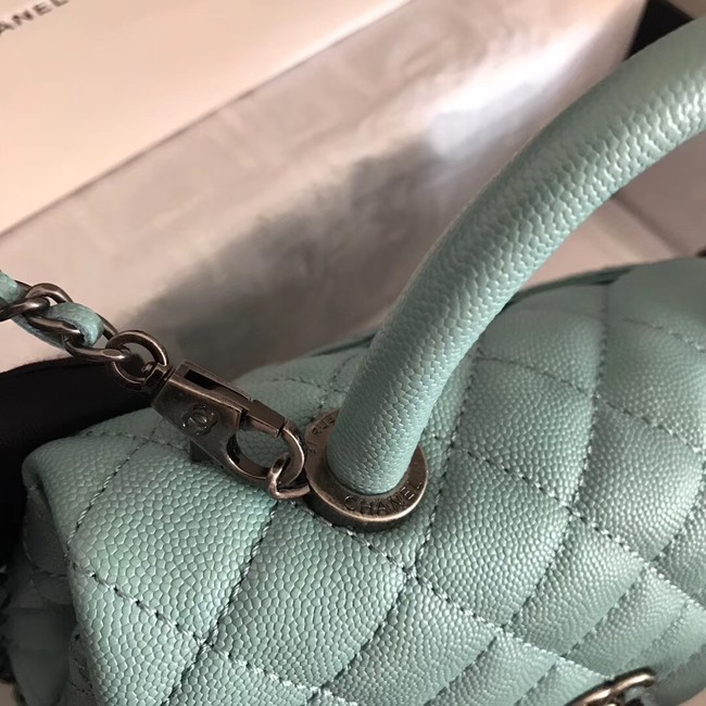 Chanel original Caviar leather flap bag top handle A92290 green &Silver-Tone Metal