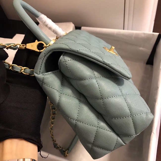 Chanel original Caviar leather flap bag top handle A92290 green &gold-Tone Metal