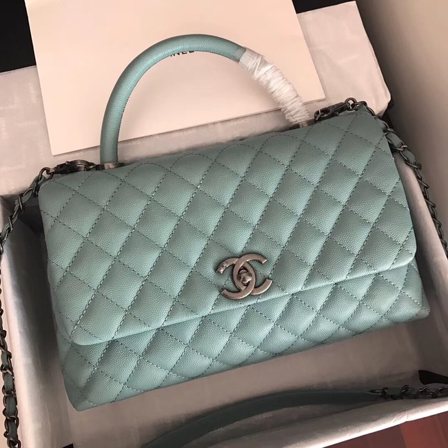 Chanel original Caviar leather flap bag top handle A92292 green &Silver-Tone Metal