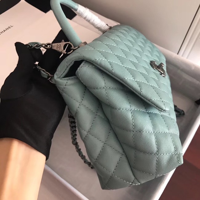 Chanel original Caviar leather flap bag top handle A92292 green &Silver-Tone Metal