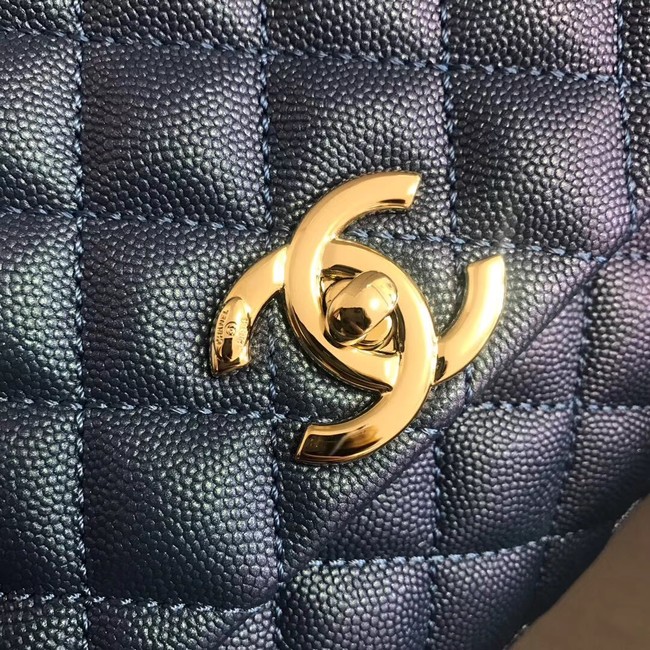 Chanel original Caviar leather flap bag top handle A92292 blue&Gold-Tone Metal