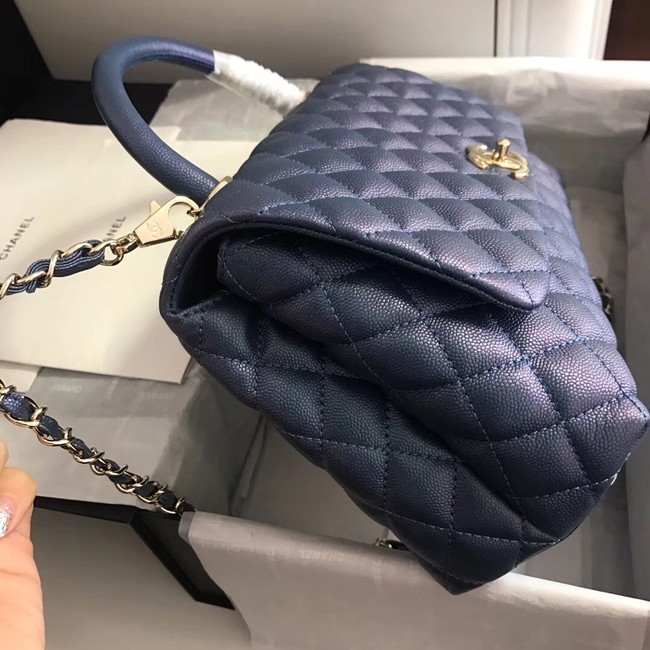 Chanel original Caviar leather flap bag top handle A92292 blue&Gold-Tone Metal