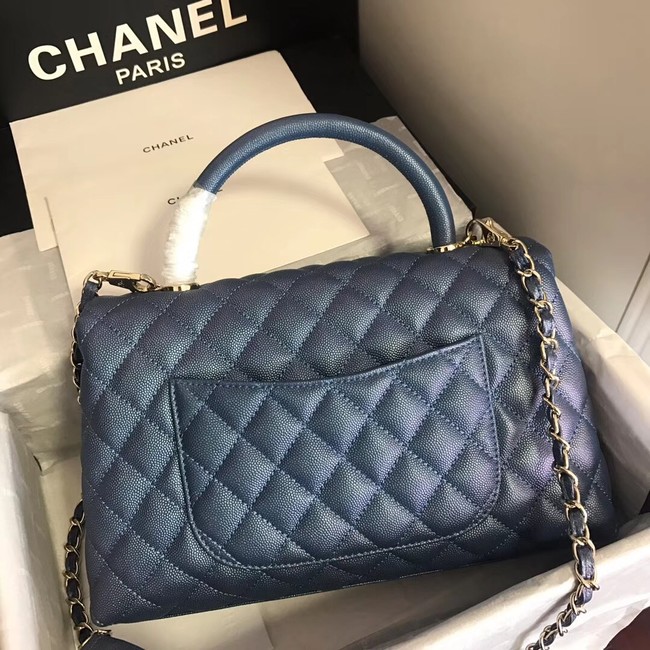 Chanel original Caviar leather flap bag top handle A92292 blue&Gold-Tone Metal