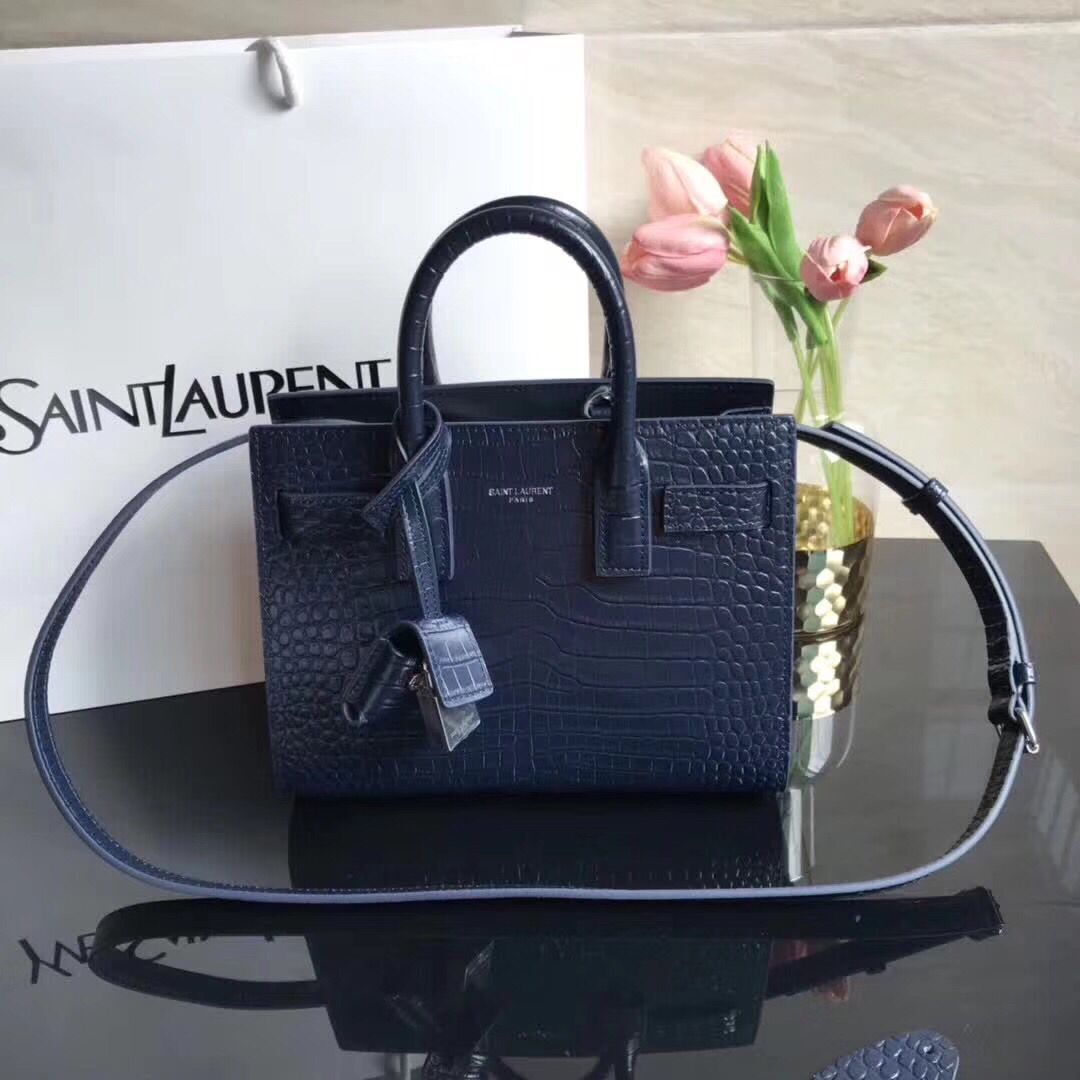 SAINT LAURENT Crocodile-Embossed Leather Organ Bag 392035 Dark Blue